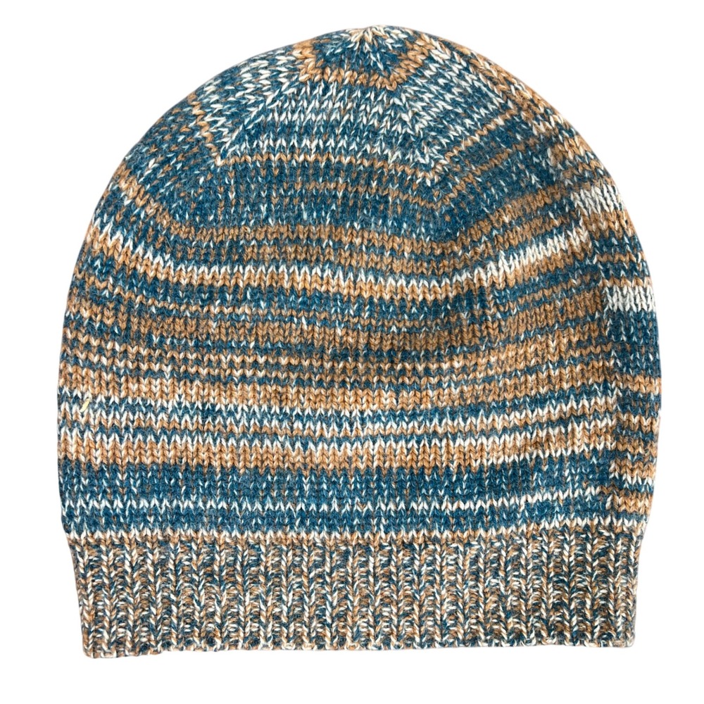 100% Cashmere Knit Beanie Hat Striped Blue Brown Made in Nepal 0826174